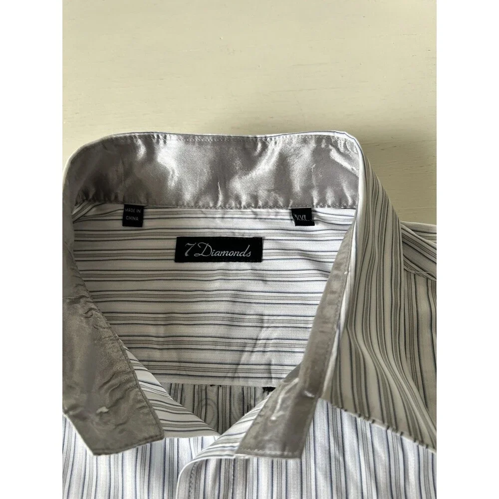 7 Diamonds Mens XXL Long Sleeve Button Down Shirt Striped Embroidered White Blue